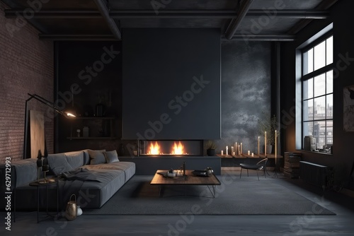 Dark living room loft with fireplace industrial style, generative AI