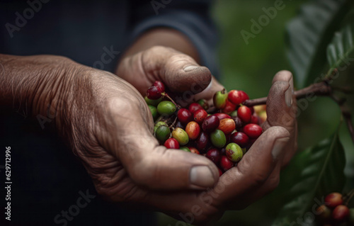 Hands working on the collection of coffee beans