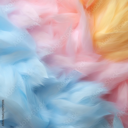 Fluffy fashion design background with pastel colors, pink, blue and yellow feathers. Fashion colors. Illustration. Generative Al
