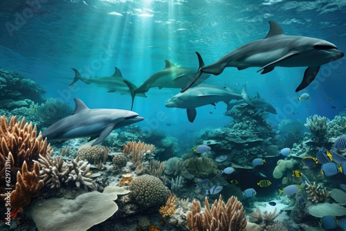Dolphins and a reef undersea environment. AI generated © GalleryGlider