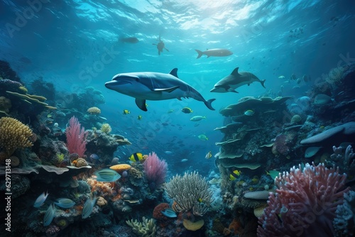 Dolphins and a reef undersea environment.