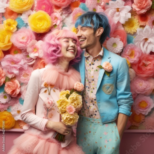 Portrait of a young, beautiful couple, spring love on a pastel wall in the background of fresh flowers. Spring creative concept. Illustration. Generative AI.