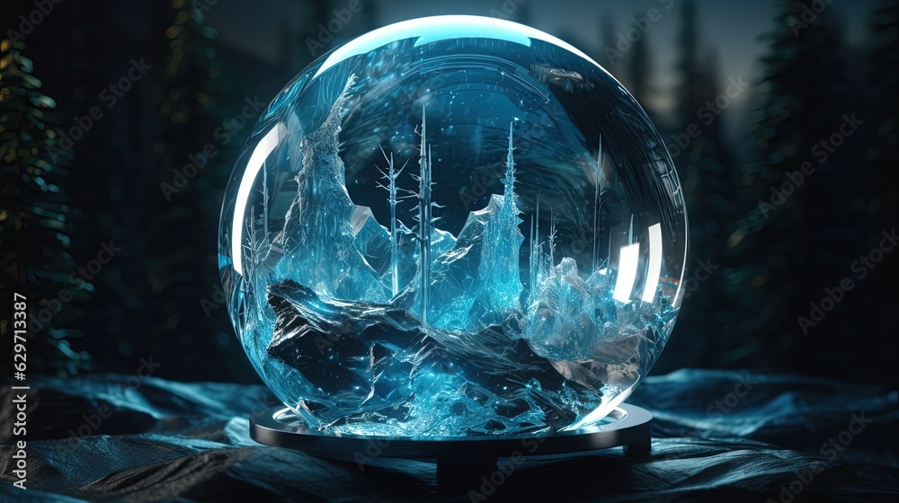 Crystal ball with frozen landscape inside. Generative AI Crystal ball with frozen landscape inside. Generative AI