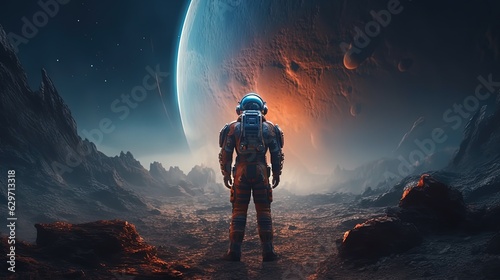 Astronaut standing in front dreamlike landscape on extraterrestrial planet. Generative AI
