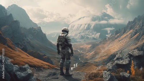 Astronaut standing in front dreamlike landscape. Generative AI