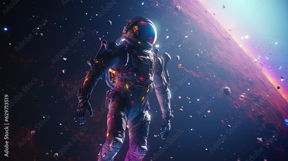 Astronaut in magical space. Astronaut against the backdrop of a magical planet. Generative AI