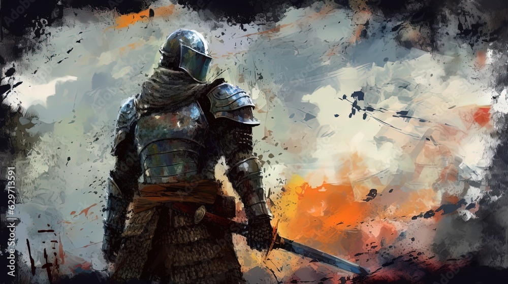 Armored medieval knight. In style of watercolor illustration. Generative AI
