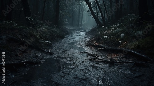 Dark forest after rain. Generative AI