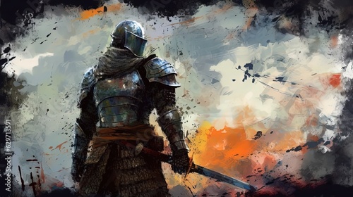 Armored medieval knight. In style of watercolor illustration. Generative AI