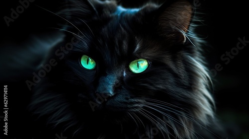 Black cat with glowing green eyes. Close-up. Generative AI