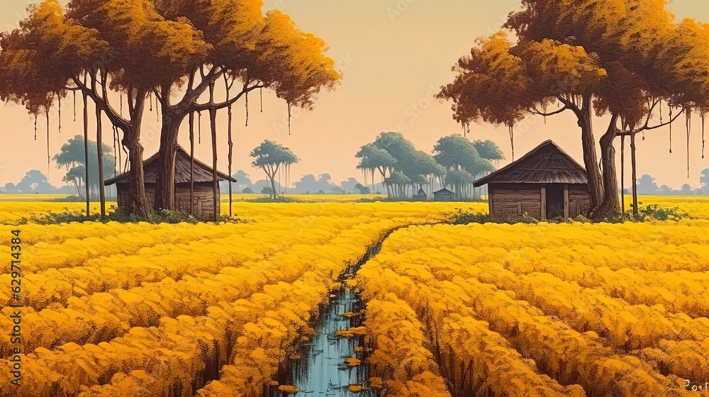 Yellow field. Landscape of yellow field. Flat illustration. Generative AI