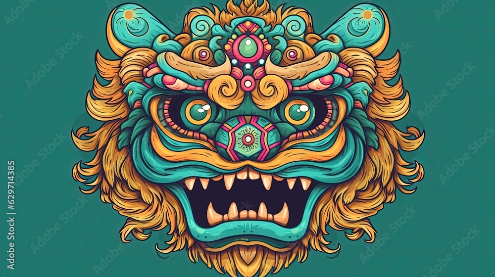Colorful abstract Chinese dragon head. In style of flat illustration. Blue background. Generative AI