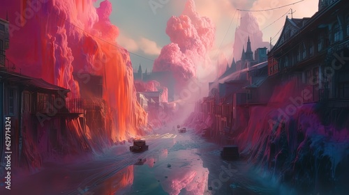 Fantasy vibrant colorful river. Fantasy landscape. Fantasy architecture of city. Generative AI