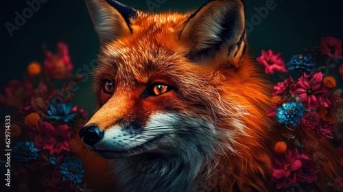 Fox with flowers. Close-up. Generative AI © Soulmate