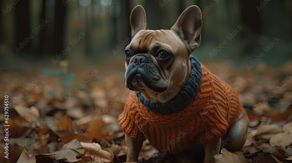 French bulldog wearing sweater. French bulldog in forest. Generative AI