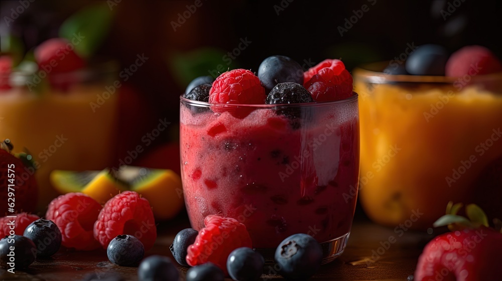 Fresh fruit smoothies. Close-up. Generative AI