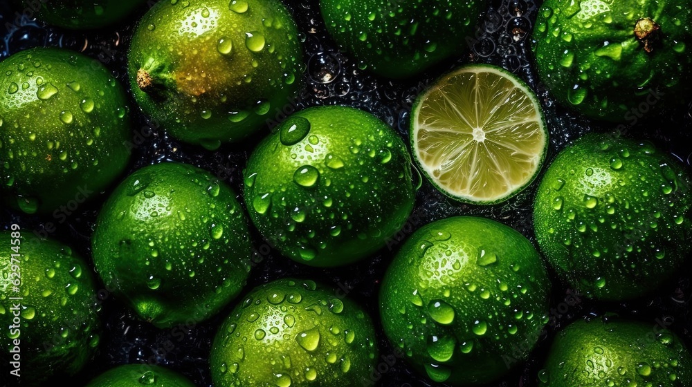 Lime seamless background. Limes with water drops. Generative AI Lime seamless background. Limes with water drops. Generative AI