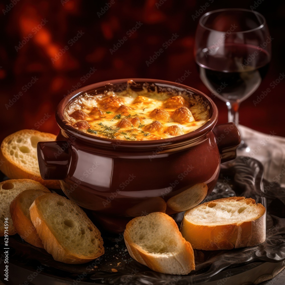 French onion soup with cheese crust in a clay pot baked in the oven on a rustic wooden table. generative AI French onion soup with cheese crust in a clay pot baked in the oven on a rustic wooden table. generative AI