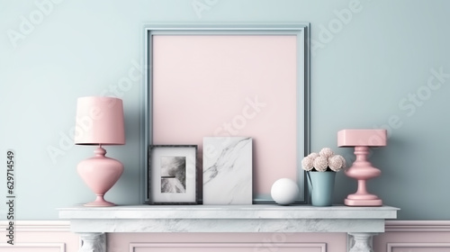Empty photo frame mockup hanging on light blue wall background. Modern scandinavian style interior. Generative AI. High quality illustration