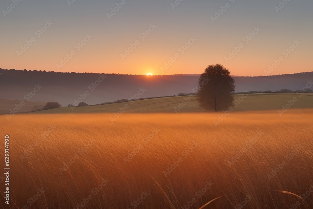 Fototapeta premium Sunrise over the field with a tree, Ai generated