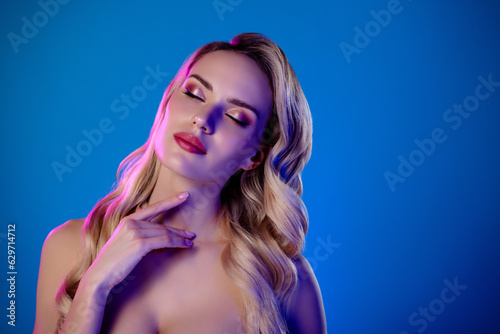 Photo of attractive lady have fresh body lotion shower touch enjoy smooth flawless skin on neon vivid color background