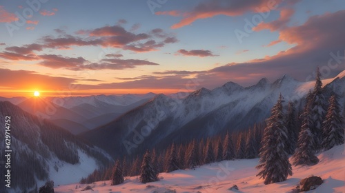 sunset in the snow mountains