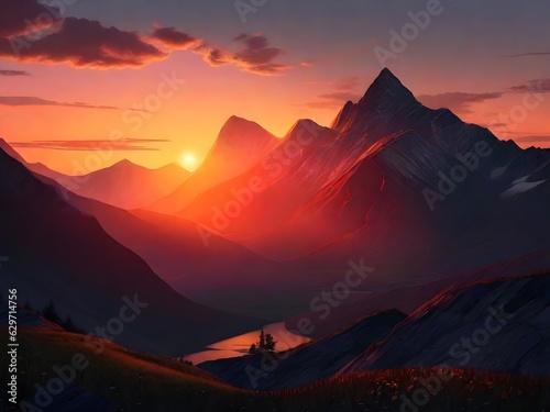 sunset in the mountains with orange light, Ai generated