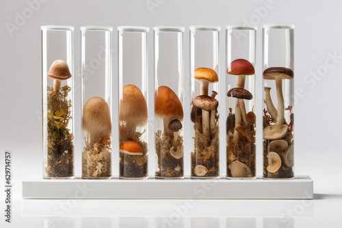 Microdosing, growing mushrooms in vitro. The concept of alternative medicine, microdosing and mushroom treatment. Generative AI