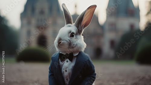 Anthropomorphic rabbit wearing tuxedo. Castle background. Generative AI