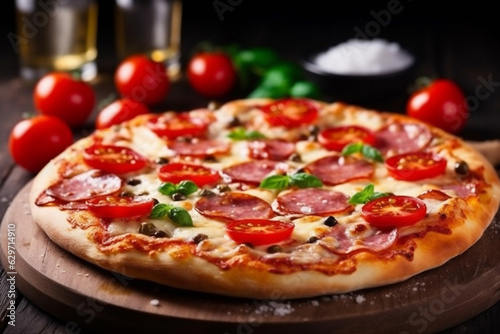 cooked italian copy tomato background cheese black food fast pizza space meal food. Generative AI.