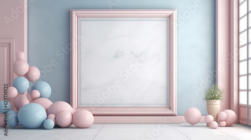 Empty photo frame mockup hanging on light blue wall background. Modern scandinavian style interior. Generative AI. High quality illustration