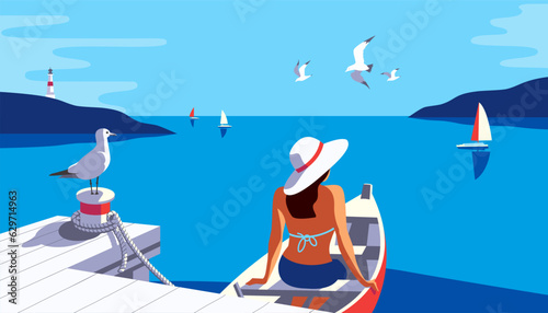 Obraz na plátně Female in boat on pier enjoy yacht sailing vector poster