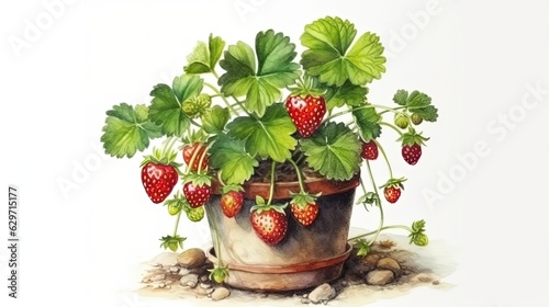 Wild strawberries in pot. In style of watercolor illustration. White background. Generative AI