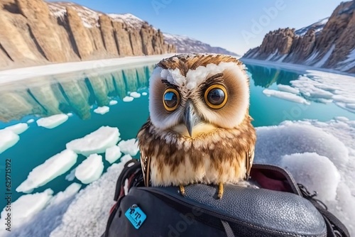 Owl selfie against the backdrop of glaciers. Generative AI