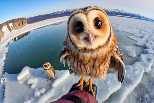 Owl selfie against the backdrop of glaciers. Generative AI