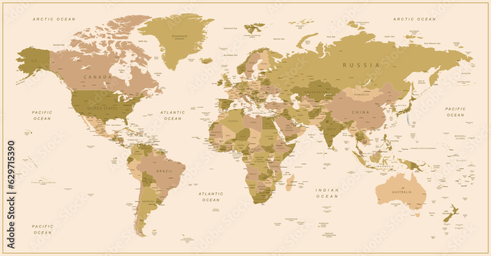 World map. Highly detailed map of the world with detailed borders of all countries, cities and bodies of water. Vector map in brown and green colors.