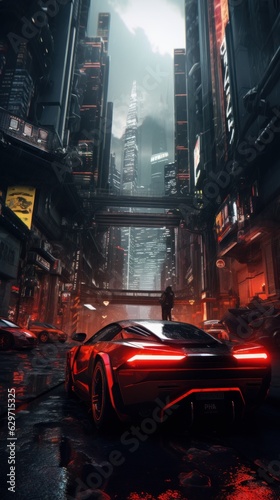 loading screen scene of a city in cyberpunk style red and black colors