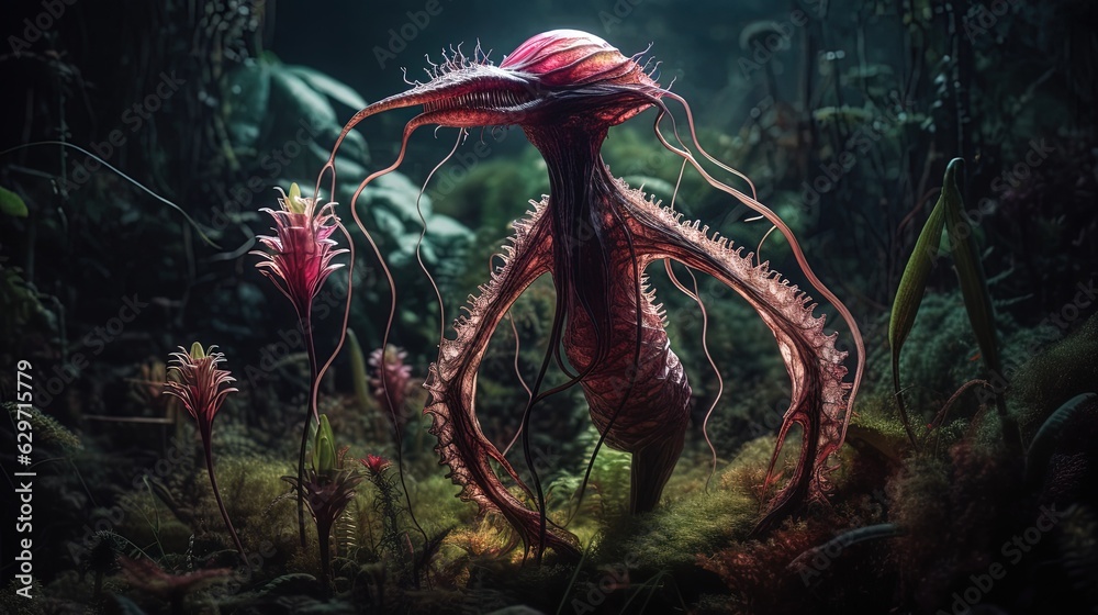 Carnivore poisonous alien flower. Flower creature. Plant monster. Generative AI - obrazy, fototapety, plakaty 