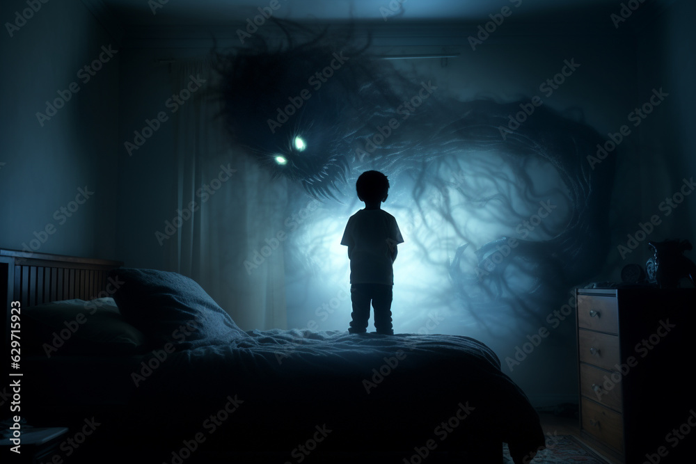 Nightmares, bad dreams. Terrible, scared, fear, unhappy, spooky, creepy and afraid. Childhood horrors, monsters, ghosts, devil. Dark, night, bedroom, bed and pilow Nightmares, bad dreams. Terrible, scared, fear, unhappy, spooky, creepy and afraid. Childhood horrors, monsters, ghosts, devil. Dark, night, bedroom, bed and pilow