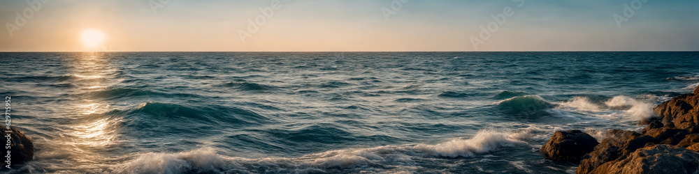 Obraz premium Ocean coast panorama with waves crashing on a rocky shore and big stones in the foreground in the water. Seascape illustration. Generative AI