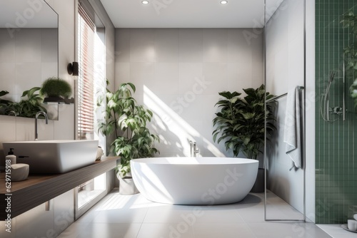 Modern bathroom  elegant minimalism  marble  freestanding bathtub  soft lighting.  generative IA