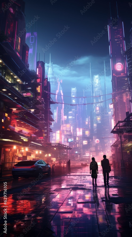 loading screen scene of a city in cyberpunk style with reflections