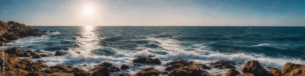 Fototapeta premium Ocean coast panorama with waves crashing on a rocky shore and big stones in the foreground in the water. Seascape illustration. Generative AI