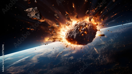 asteroid explosion in space with planet Earth
