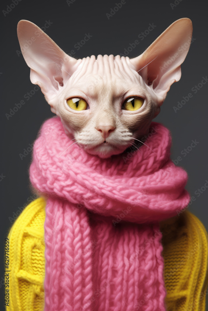 Süße Katze im Winter, die einen pinken Schal und einen gelben Pulli trägt, dunkler Hintergrund, Katzenportrait, Nacktkatze