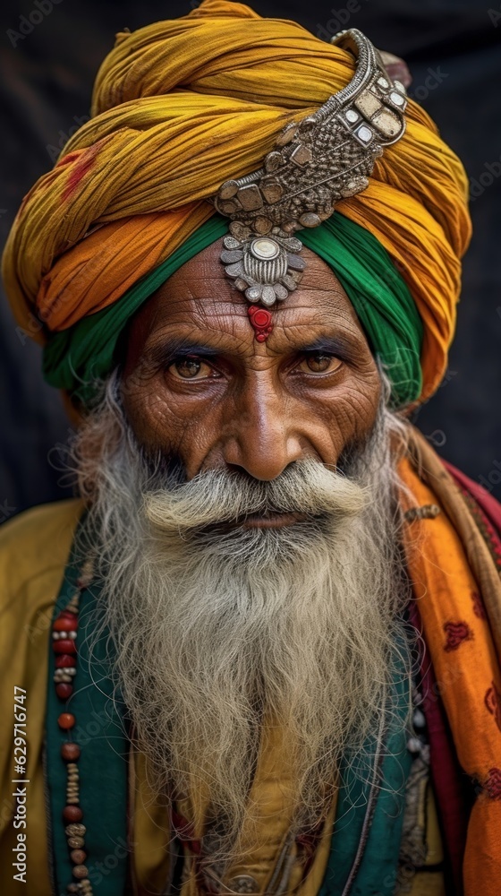 Close Up portrait of an old indian man with white beard wearing traditional clothes Close Up portrait of an old indian man with white beard wearing traditional clothes