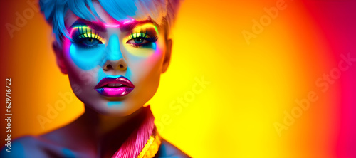 Fashion woman in fluorescent studio light. Glamorous neon colors make up