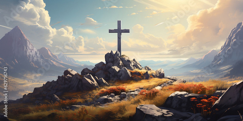 Majestic Cross, A Symbol of Serenity atop a Sunlit Mountain