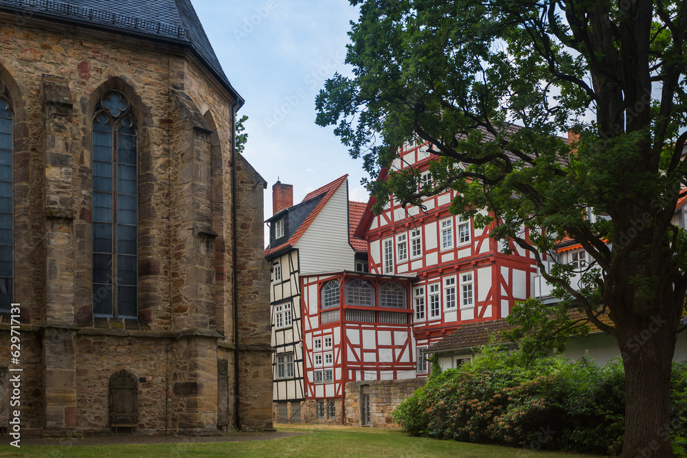 German traditional architecture fachwerk wooden houses in historical center Melsungen, Hesse, Germany, June 20, 2023