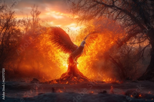 Phoenix reborn amidst fire and ancestral symbols., generative IA